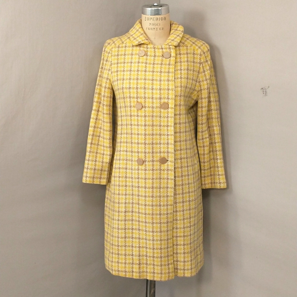 Vintage Yellow Plaid Coat USA Midweight Woven Tweed SeeMeasurements P Handsewn